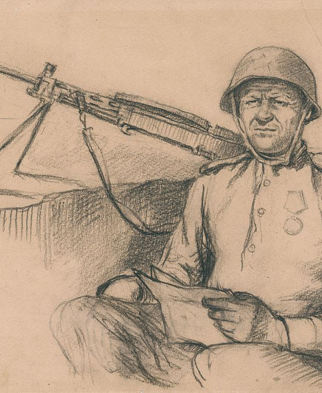Гвардии красноармеец В. Т. Косенко. 1944 г. Бумага, карандаш 17 х 24 см. Центральный музей вооруженных сил.